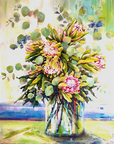 Kim Sotheren, Filtered light with Protea, Acrylic on canvas