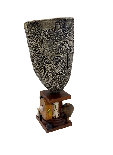 Warren Hogden, Between Two Worlds, Stoneware and wooden found objects