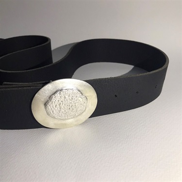Christine Sadler, Belt Buckle, Sterling silver belt buckle on handmade black leather
