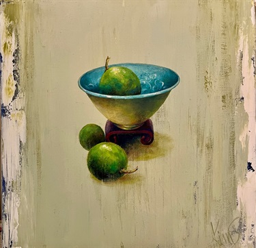 Kim Sotheren, Jade glaze inside bowl and limes, Acrylic on canvas
