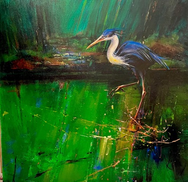 Kim Sotheren, Blue Heron Foraging, Acrylic on canvas