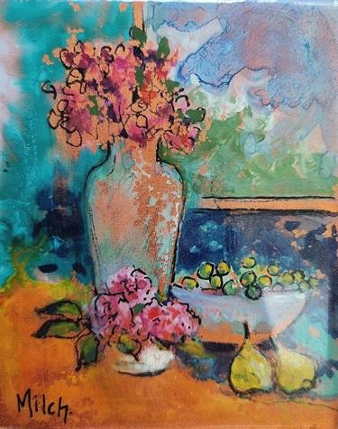 Ann Milch, Still Life Watercolour, ink and resin on wood
