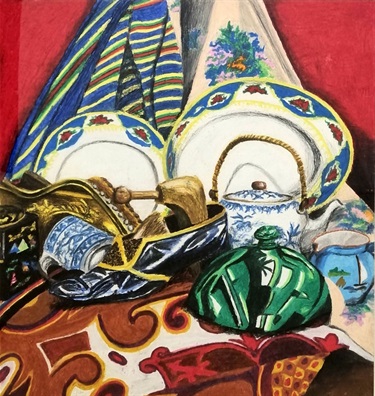 Theresa Sham, Still Life with Shoehorn, oil pastels on paper