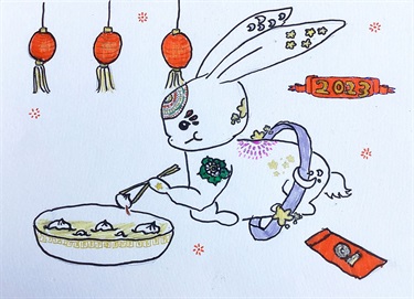 Rosie (Mingmei), for my grandpa, my grandpa is born in the year of the rabbit. He always makes me laugh and makes fun of the fact that I love rabbits. I think he would be happy that I dedicated this artwork to him