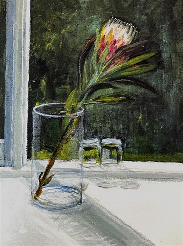 Donna McPhee Hicks, Protea and two jars, acrylic on canvas
